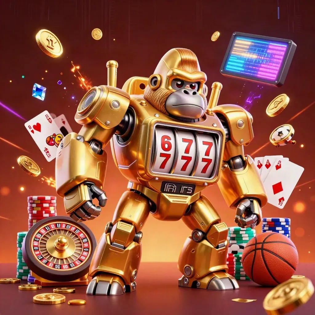 Gorilla mech d’oro con pilota scimmia, monete, roulette e carte su sfondo marino neon