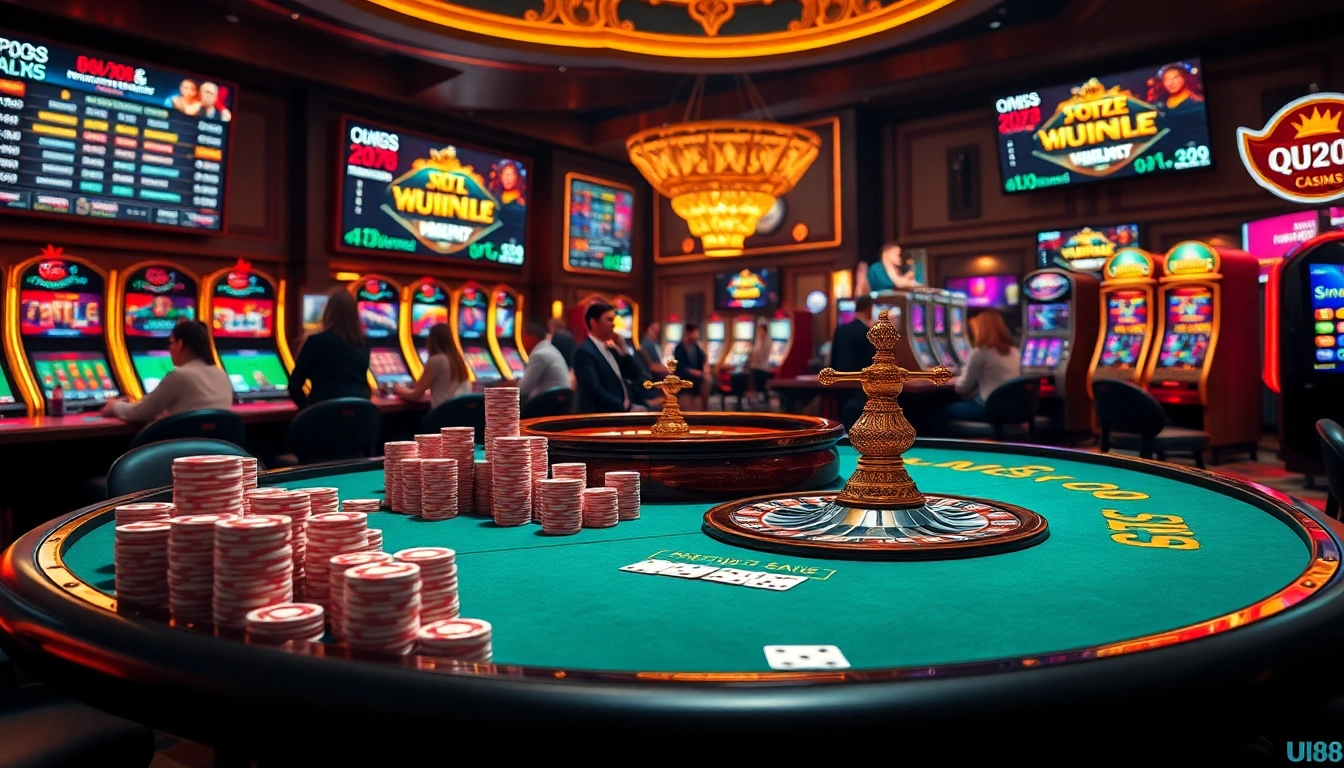 Exciting casino scene showcasing UU88 with vibrant tables, poker chips, and roulette wheel.