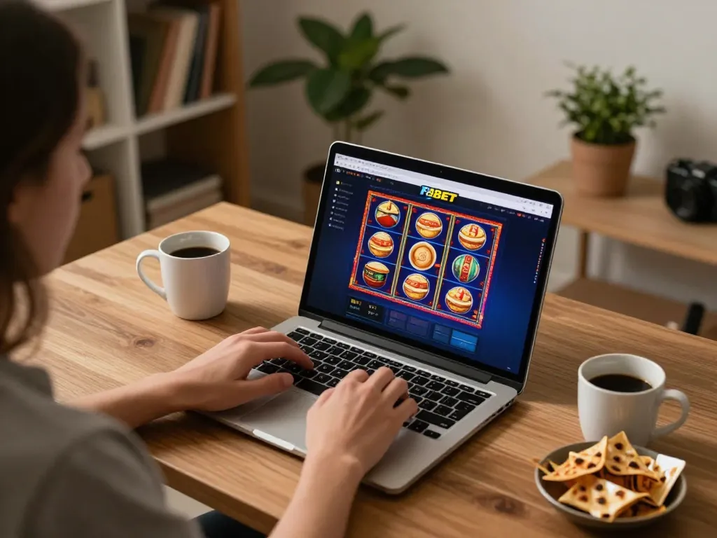 Engaging home setup for online gambling at F8BET featuring laptop with slot games, cozy modern environment.