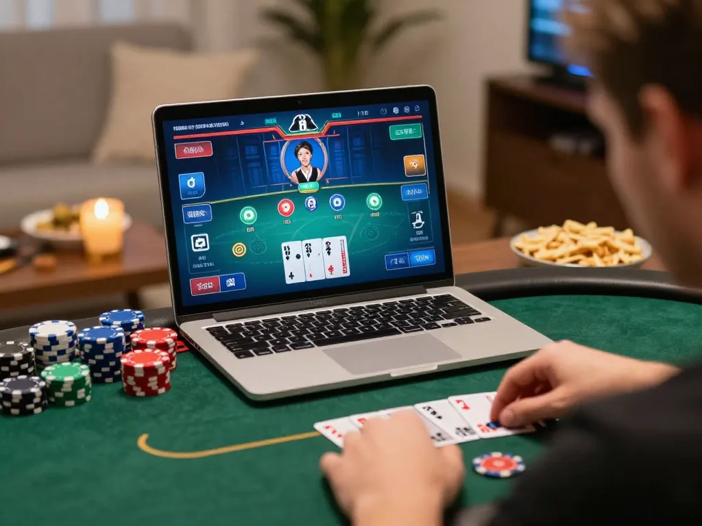 77WIN poker game in action on a laptop, player intensely engaged with chips and cards.