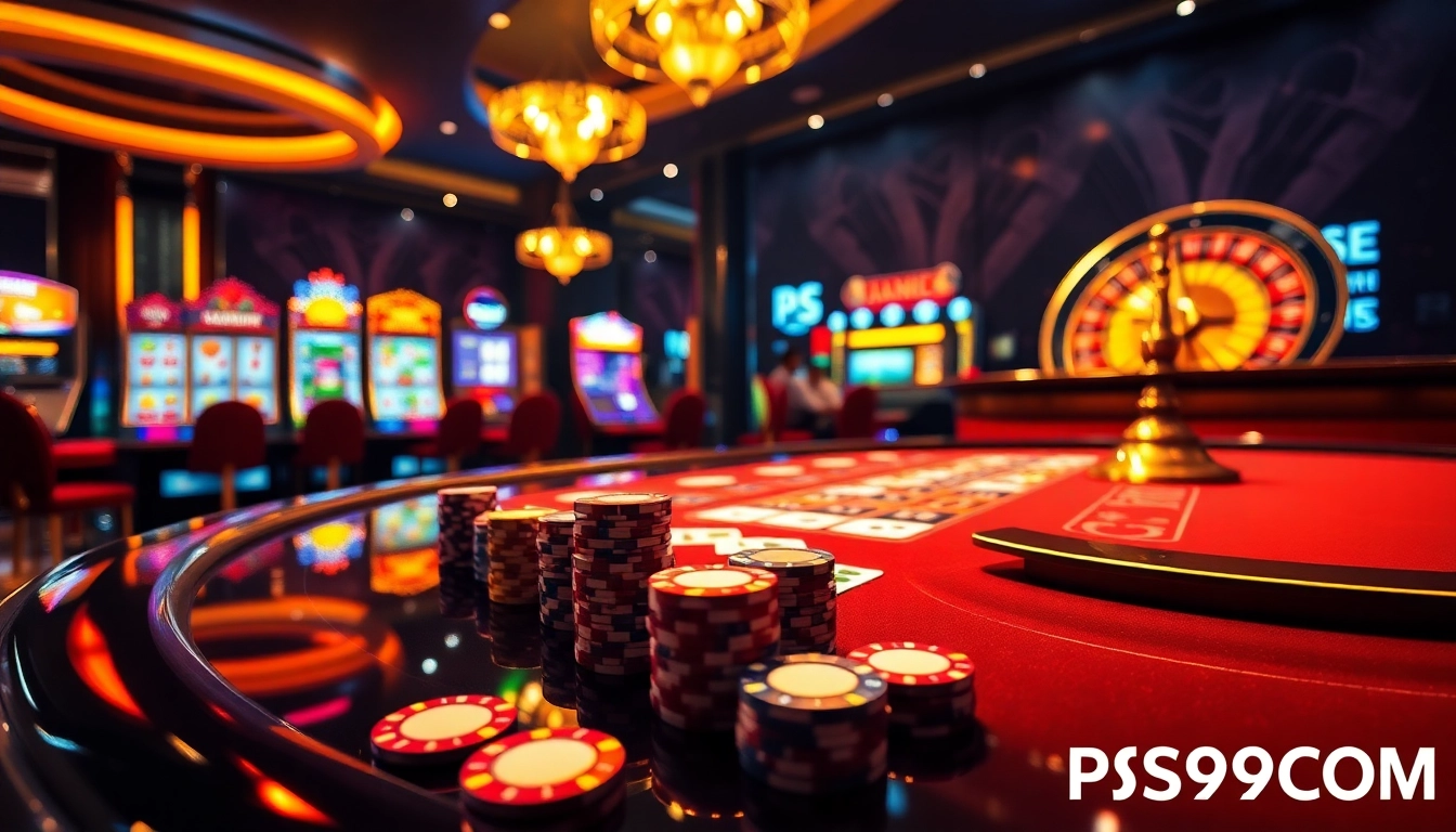 Experience the thrill of gambling at PS99COM with vibrant casino visuals, including tables, cards, and slots.