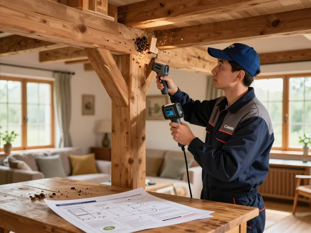 Un tecnico del controllo dei parassiti ispeziona travi di legno per danni, esemplificando l'eliminazione dei coleotteri del legno.