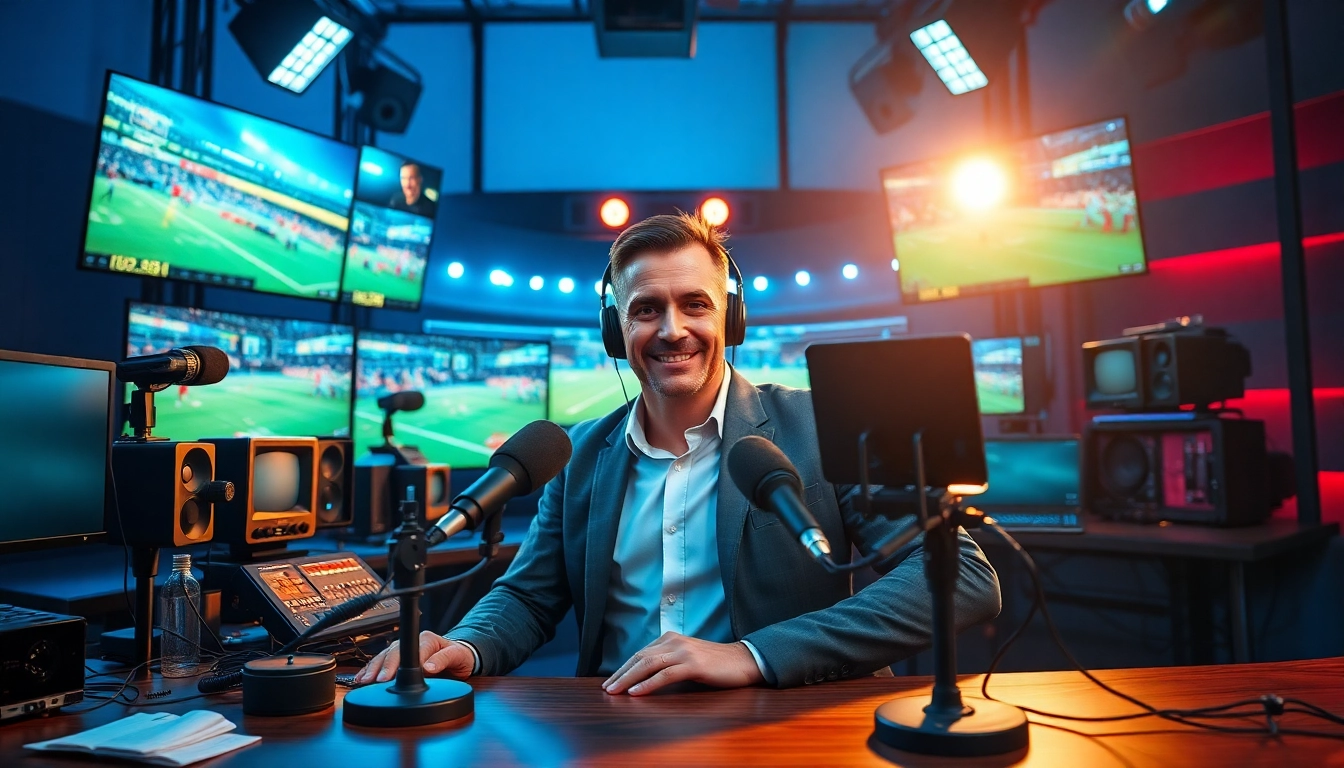 Engaging scene of sports broadcasting featuring dynamic host in a professional studio.