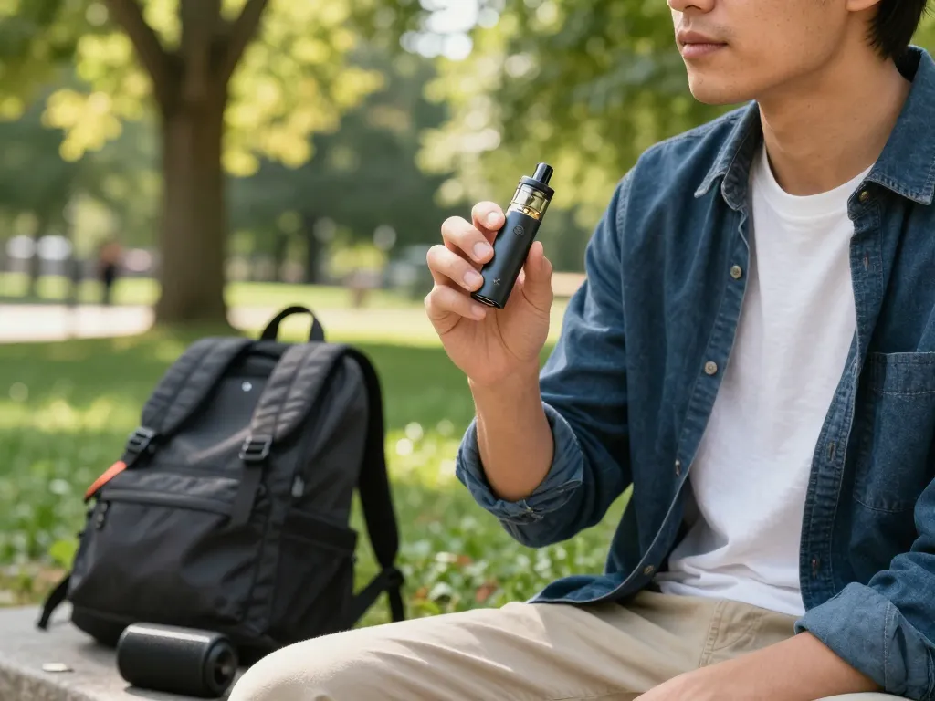 Individuo che si gode un pen thc italia in un parco, circondato dalla natura, che mostra uno stile di vita moderno del vaping.