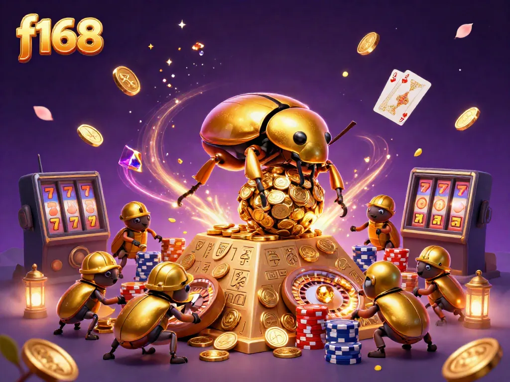 Experience exciting wins at f168 with a vibrant scene featuring golden beetles rolling coins in a casino atmosphere.