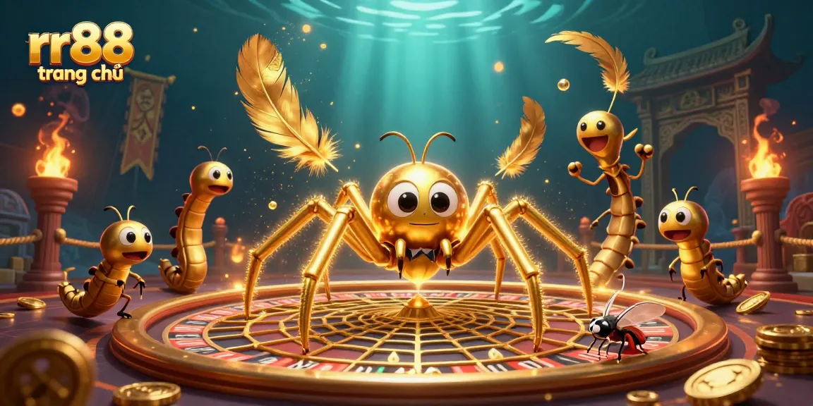 Experience thrilling bets at rr88 trang chủ with a golden spider and centipede croupier in dramatic casino scene.