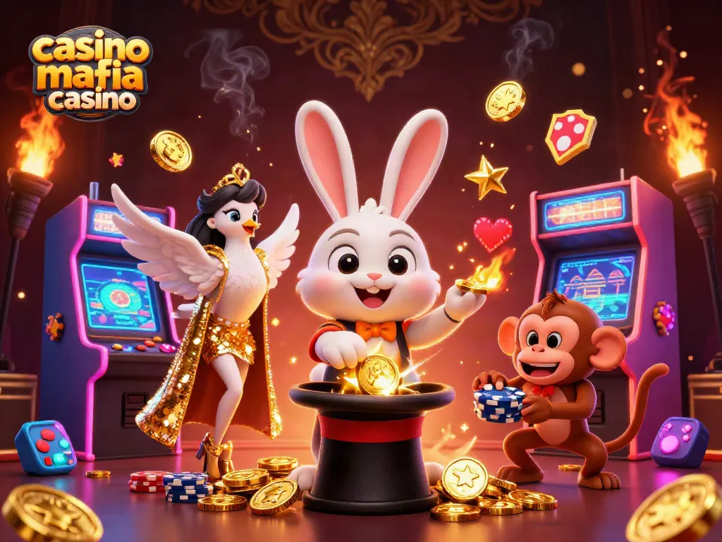 Experience the thrills of casino mafia casino with a magician rabbit, dove, and monkey surrounded by colorful gaming elements.