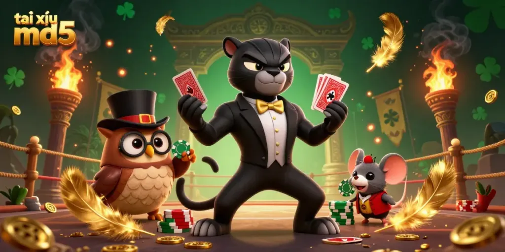 Engage in thrilling tài xỉu md5 gameplay with stylish characters dealing cards amid a vibrant casino atmosphere.