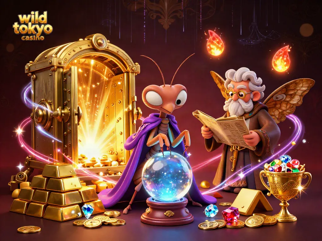 Experience the excitement of wild tokyo casino with fortune tellers and treasures in a vibrant scene.