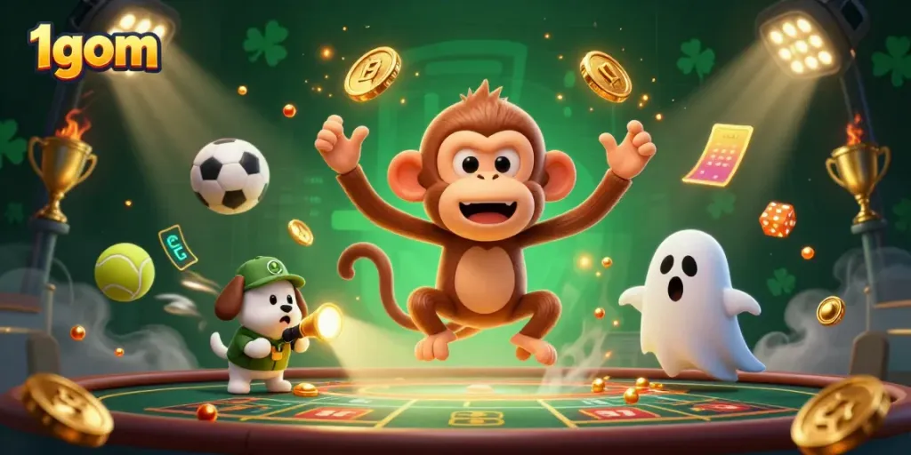 Experience thrilling betting action with 1gom as golden juggled coins and sports elements illuminate the haunted casino scene.