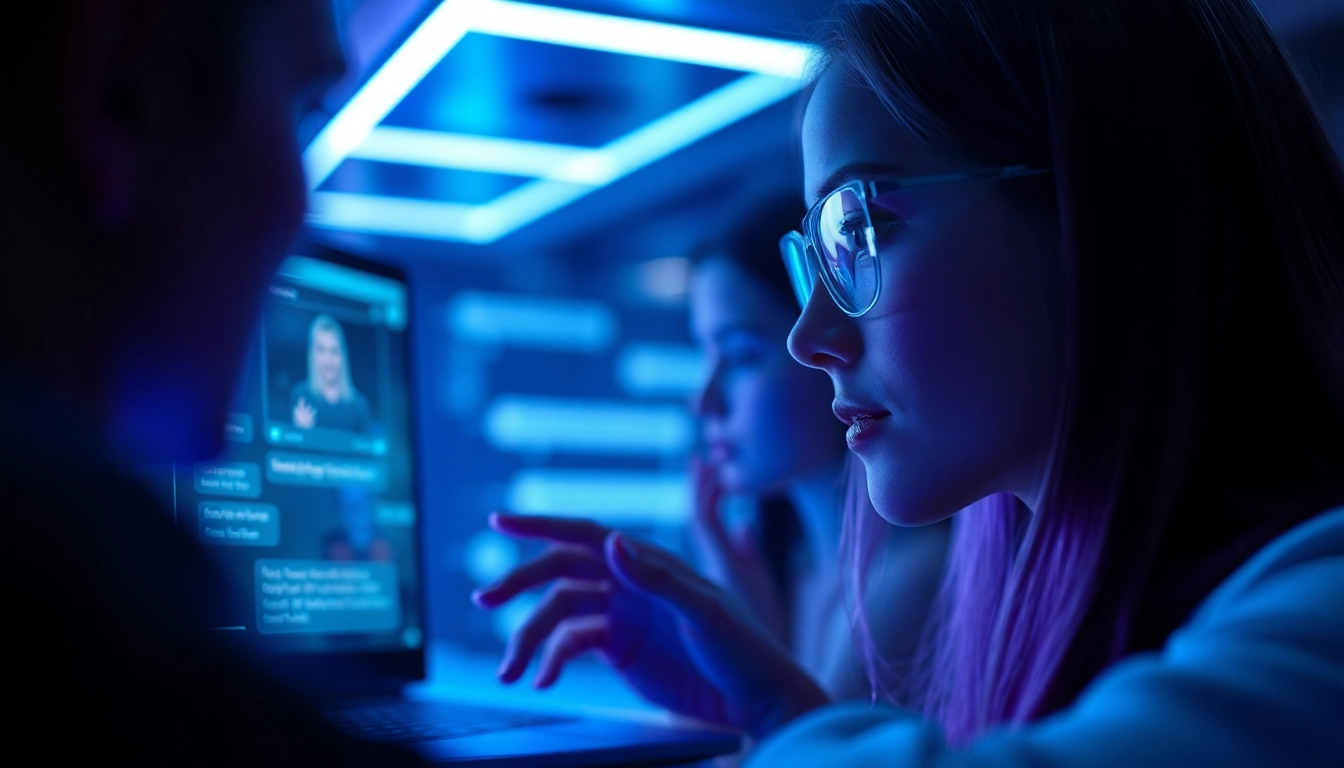 Engaging in a sex AI chat with a friendly virtual assistant in a futuristic digital environment.