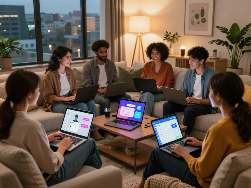 Group discussing sex AI chat applications in a cozy living room, showcasing digital interaction.