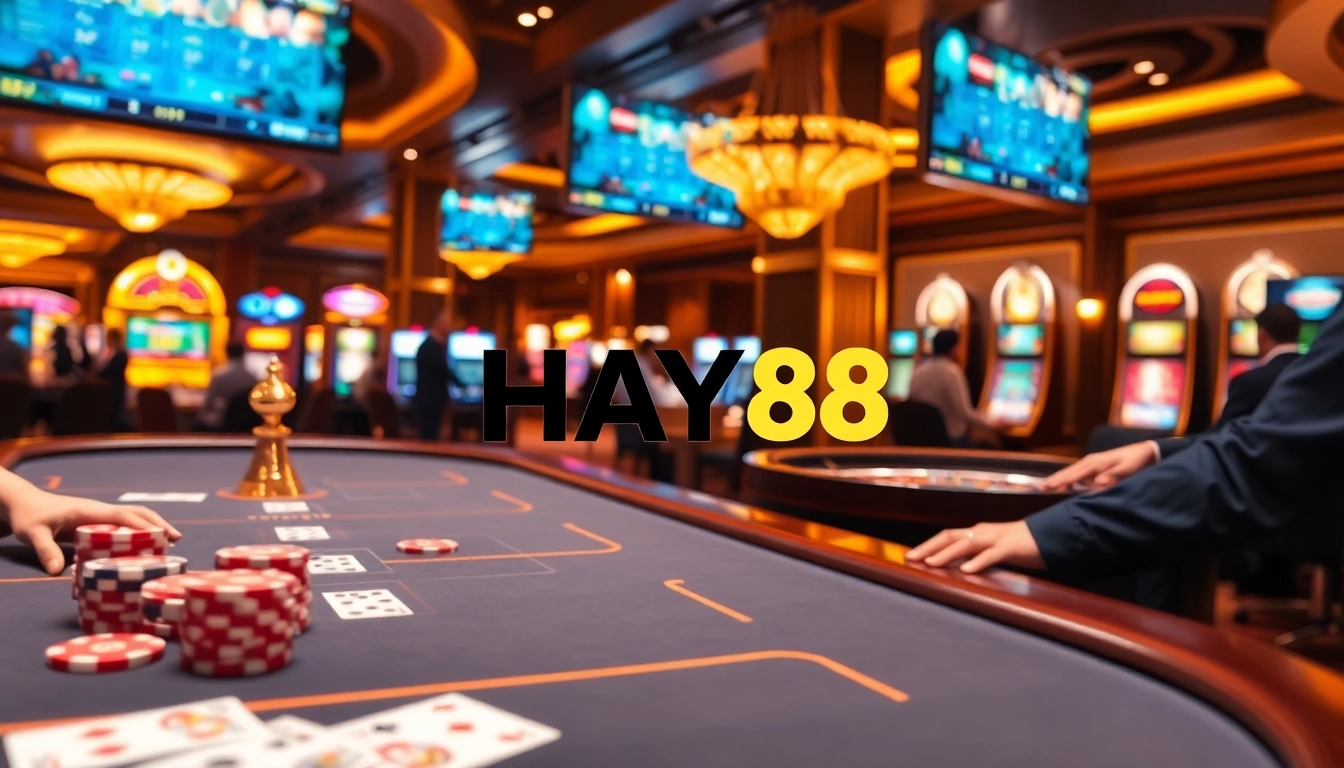 Experience the thrill of gambling at HAY 88's luxurious casino with vibrant poker chips and roulette wheels.