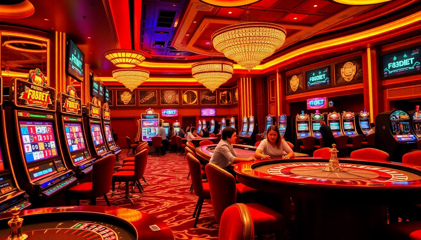 Experience the thrill of gaming at https://f8betb1.com/ with luxurious casino visuals featuring excited players and vibrant slot machines.