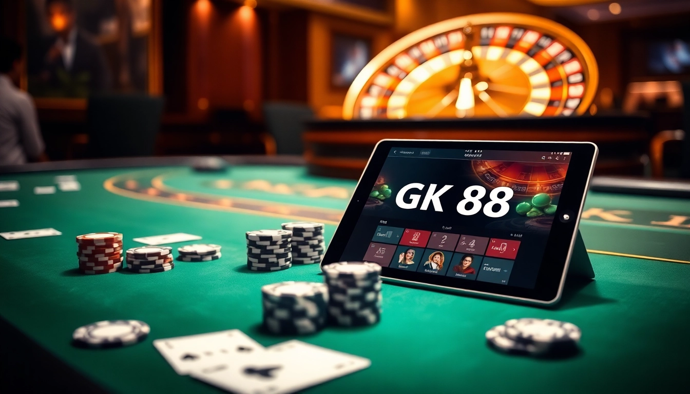 Experience the thrill of GK 88 casino gaming with vibrant poker chips and roulette.