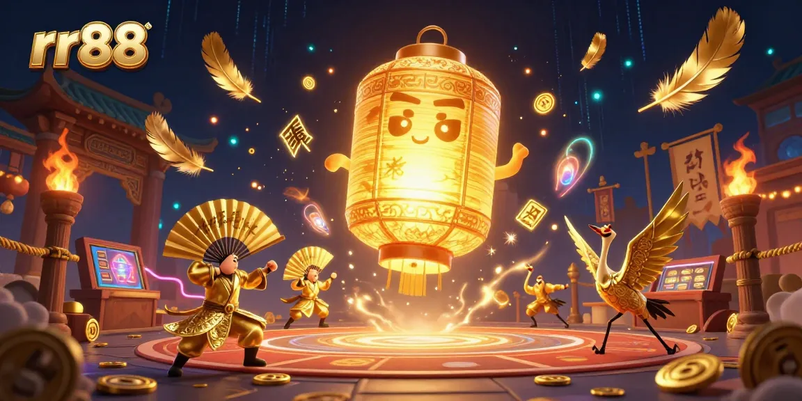 Engage with exciting games at rr88, featuring a glowing golden spirit and dynamic casino elements.