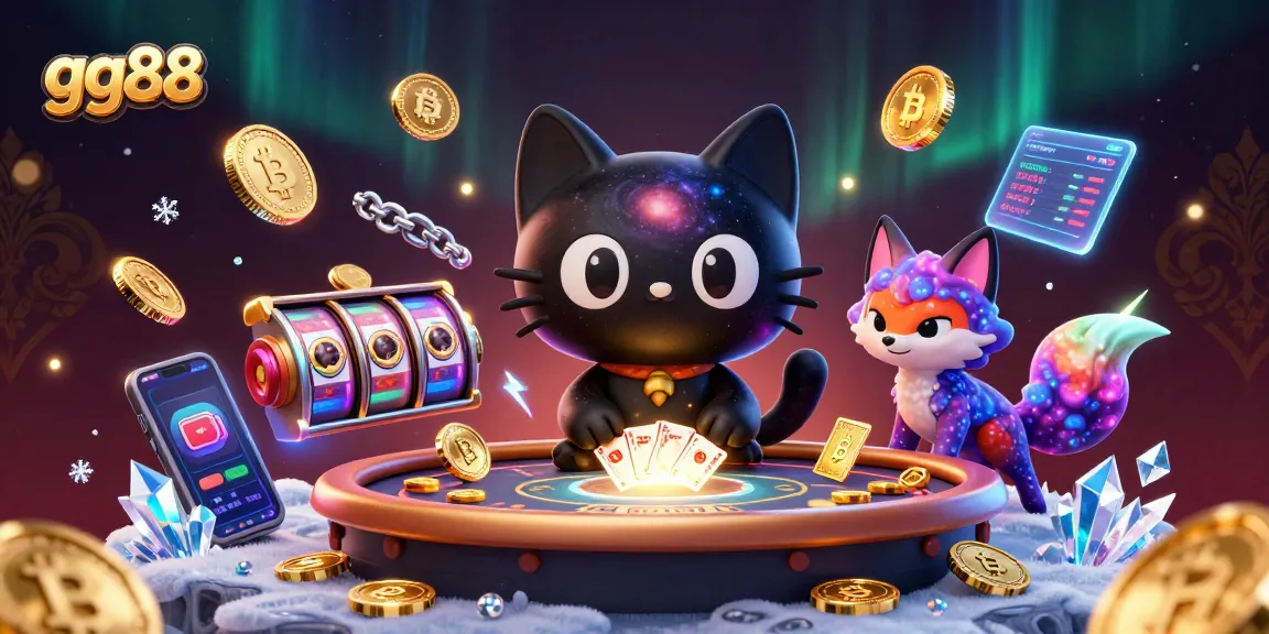Engage with gg88's cosmic gambling adventure, featuring a black hole cat attracting chips and cards in a vibrant casino.