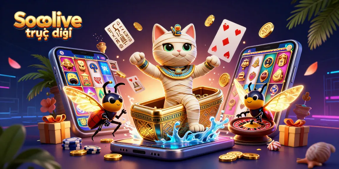 Enjoy Socolive trực tiếp with the dancing Egyptian cat, glowing roulette, and vibrant slot games!