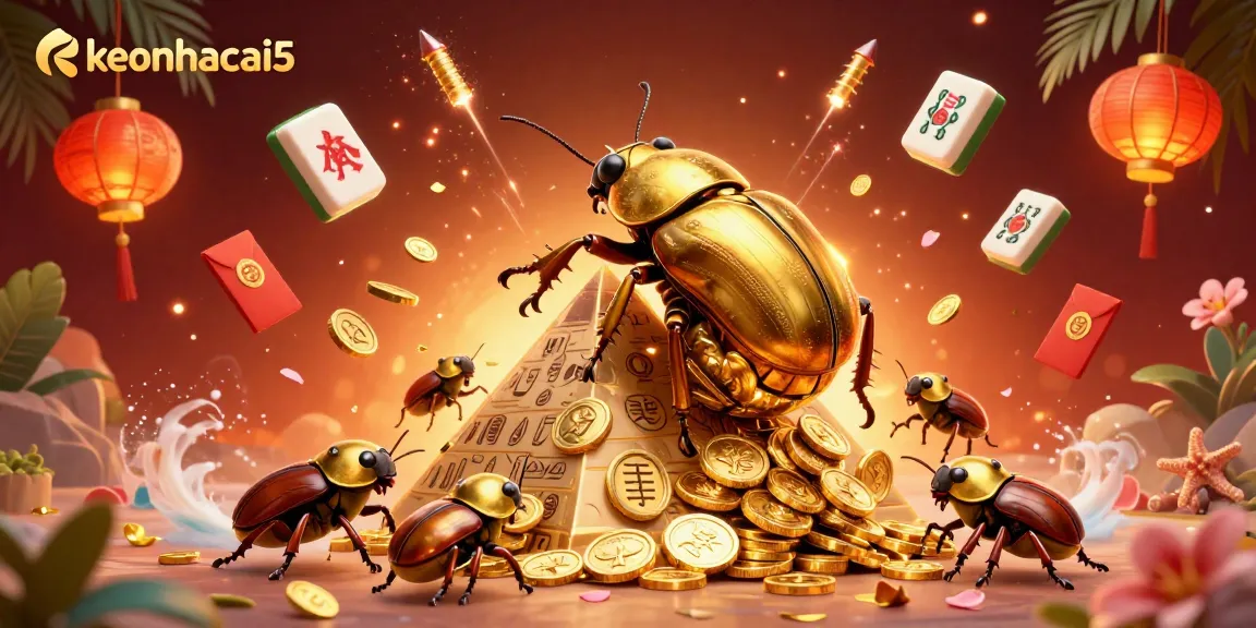 Engage with keonhacai5's exciting casino experience featuring a golden dung beetle and vibrant game elements.