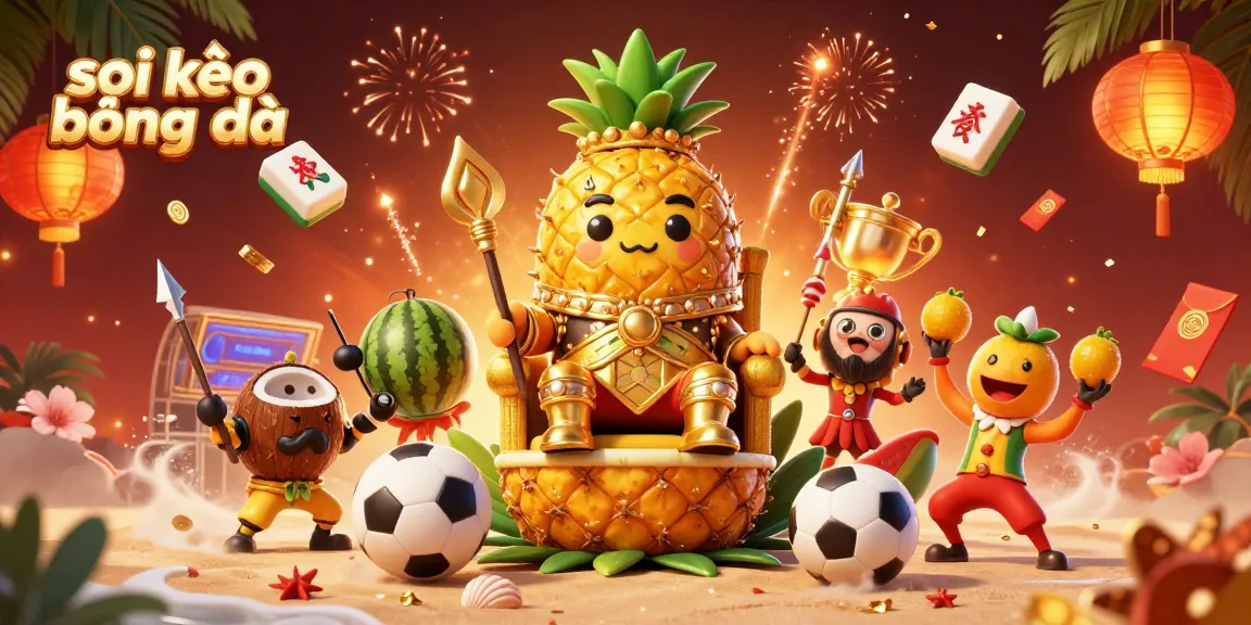 Soi kèo bóng đá with lively sports characters, showcasing soccer elements and vivid casino ambiance.