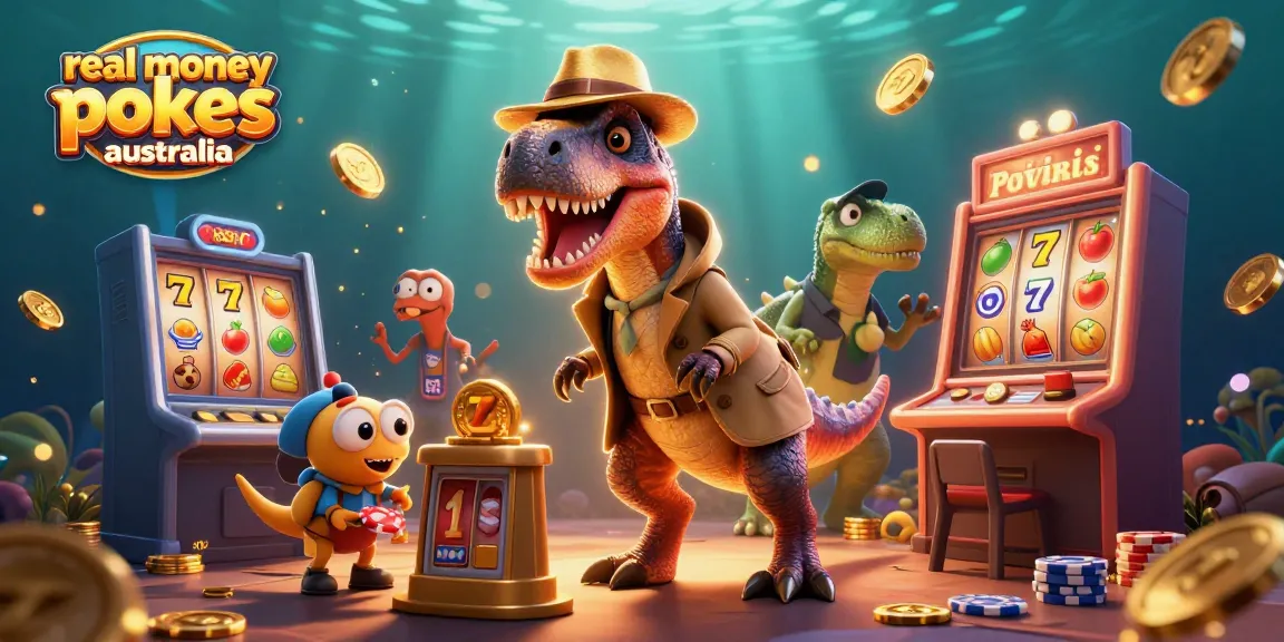 Play real money pokies Australia with our colorful casino illustration featuring characters and slot game elements.