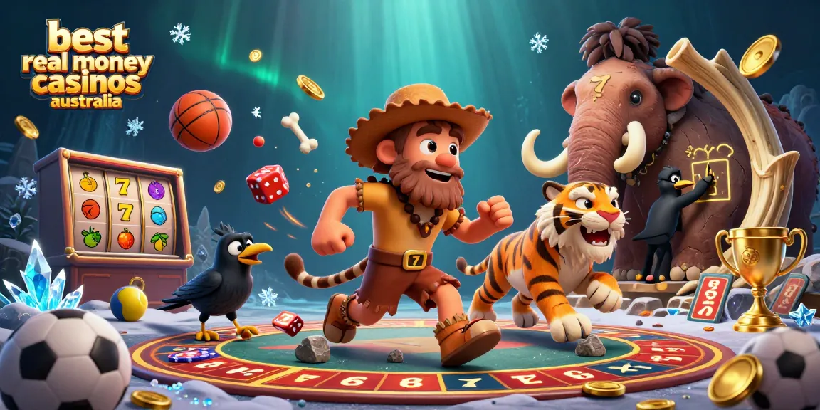 Engaging scene depicting the best real money casinos Australia concept with a prehistoric casino setting and vibrant game elements.